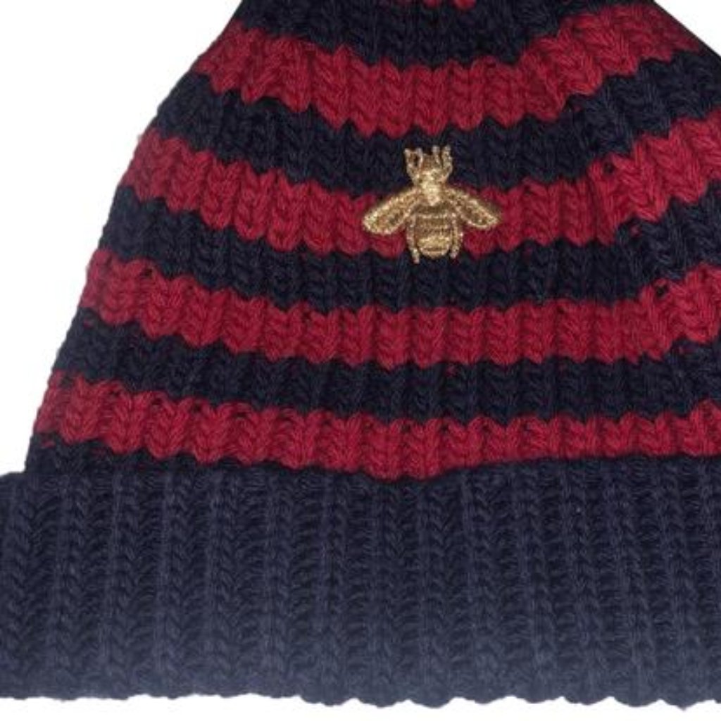 Gucci Red And Blue Beanie Hat With Gold Bee